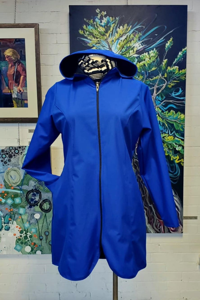 Hooded waterproof long jacket in royal  Made in Canada